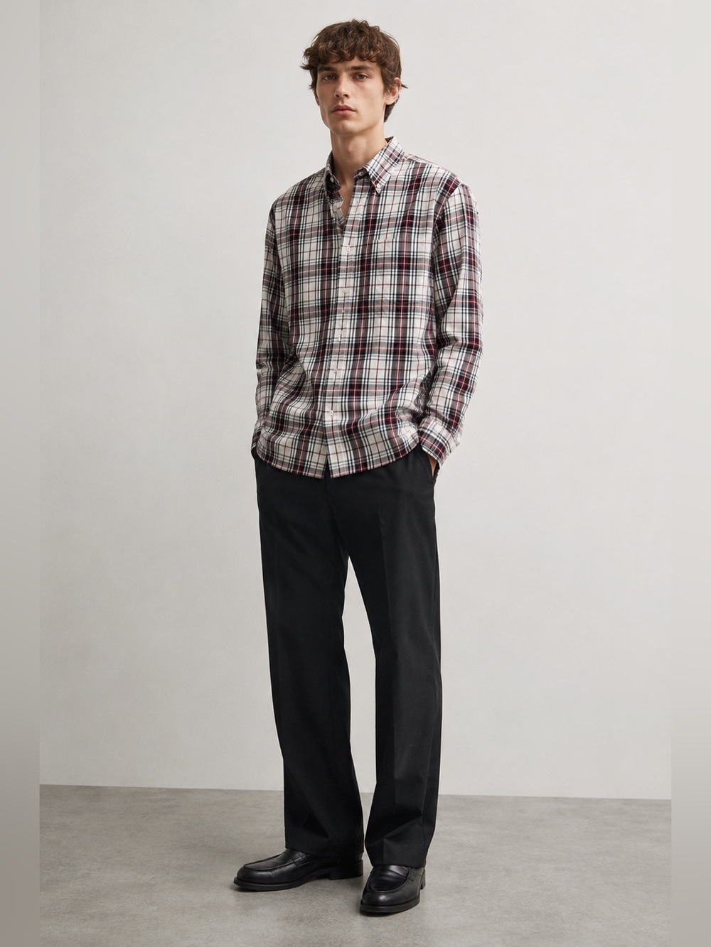 George Men’s Plaid Button Down Shirt XL Burgundy White Long Sleeve